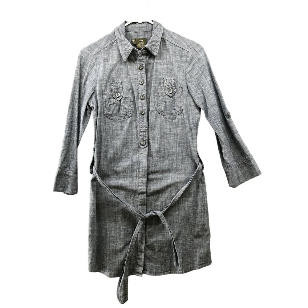 Fei Anthropologie Shirt Dress Womens XS Blue Roll Tab Sleeve Utilty Tie Waist